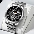 Reloj de esqueleto de acero inoxidable para hombre con esfera mecánica sobre cojín blanco - Acero Plateado Esfera Negra