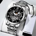 Sliver stainless steel men's skeleton watch with a black mechanical dial on a white pillow - Silver Steel Black Face