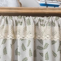 Linen cotton short curtain with olive leaf print and beige crochet lace trim - 150x45cm / Olive Leaf Rod Pocket Tier
