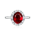 Elegant silver ring featuring a large oval red ruby center stone with a diamond halo - Adjustable Open / Red Zirconia