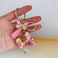 Pink resin letter H keychain with butterfly charm and colorful heart sequins - Butterfly Tassel 8-Shape Buckle / Letter H