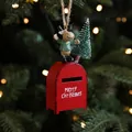 Red Christmas mailbox ornament with moose and cedar tree on festive background - Moose Decor Style / Red Vintage Style