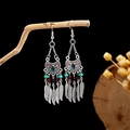 Bohemian silver drop earrings with turquoise beads and metallic feather pendants - E2870-2 Multicolor Feather Dangle