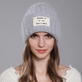 Winter light grey rabbit fur knit beanie for women with a stylish letter patch - Gray