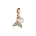 Golden fish tail pendant with sky blue crystals and a white round pearl bead - Fish Tail Blue Rhinestone Pearl