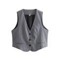 Detail of grey tailored vest with three-button closure and faux pockets on white background - S / Gray