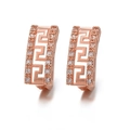Detailed close-up of rose gold huggie earrings with Greek key pattern and cubic zirconia - 6-Rose Gold Greek Key White Zircon Huggie / Rose Gold