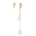Asymmetric S925 silver knot stud and long pearl chain drop earrings in gold finish - GPE85-14K Asymmetric Knot Pearl Ear Threader / Gold