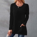 Women's casual black long sleeve crewneck t-shirt with pockets and relaxed loose fit - S / Tops / Black (Long Sleeve)