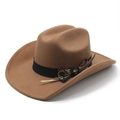 Classic camel wool felt fedora hat with ethnic band, gold button, and feather detail - M(56-58cm) / Khaki