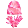 Detailansicht von rosa Batik-Strickmütze und Touchscreen-Handschuhen mit grauen Spitzen - Batik Rosenrosa