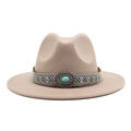 Close-up of beige fedora hat with ethnic embroidery and turquoise stone detail - M (56-58cm) / Light Purple Grey
