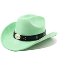 Close-up of light green suede cowboy hat featuring a golden bull head metal buckle decoration - M (56-58cm) / Fruit Green