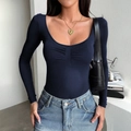 Slim fit navy blue long sleeve top with deep U-neck and pleated front detail - S / Navy Blue