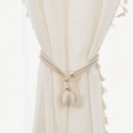 Champagne gold woven curtain tieback with textured decorative balls and tassel trim - Beige Ball Tieback