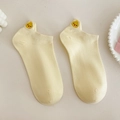 Cute light yellow cotton ankle socks featuring a yellow cartoon chicken embroidery - Beige