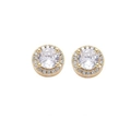 Close-up of gold-plated stud earrings with center zircon and paved halo design - Gold