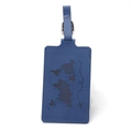 Dark blue PU leather luggage tag with world map and airplane embossed travel design - Luggage Tag / Dark Blue