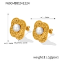 Detailed macro view of 21.5mm stainless steel floral earrings with white pearls - F600-Hammered Flower / Gold