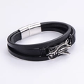 Men's multi-layer black leather bracelet with silver dragon head charm and magnetic clasp - Dragon Head