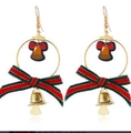 Christmas earrings with gold bells and red green striped bows in holiday style - Stripe Bow Bell (EHMT-041HJ-JS)