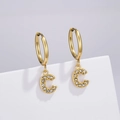 Golden stainless steel hoop earrings featuring a sparkling zircon-encrusted letter C charm - Letter C (Style: 0229)