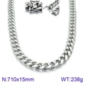 Men's silver hip-hop stainless steel Cuban link necklace with rhinestones, size 710x15mm - Silver Cuban Link Necklace Lobster Clasp 710x15mm(KN93835-Z)