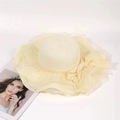 Elegant wide brim straw sun hat with lace bow and organza ruffles in cream beige color - M (56-58cm) / Beige