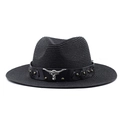 Detail of black straw cowboy hat featuring leather band and metallic longhorn bull emblem - Black