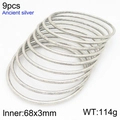 Set of 9 ancient silver stainless steel bangles with 3mm thickness and 68mm diameter - 68mm Set of 9 (KB209856-GC)