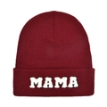 Detailed knit texture of burgundy beanie featuring 3D white MAMA letter embroidery - Adult Style(MAMA) / Fuschia