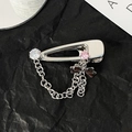 Y2K silver bow hair clip with white and pink rhinestones and metallic chain fringe - 3098-Chain Bow Pendant + Pink White Zircon