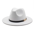 White wool felt fedora hat with black decorative band and gold chain buckle detail - M (56-58cm) / White