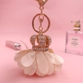 Beige fabric flower keychain with gold rhinestone crown and tassel for handbags - Crown Flower Beige