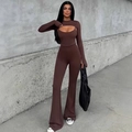 Chic dark brown long sleeve cutout jumpsuit with flare leg in street fashion style - S / Dark Brown