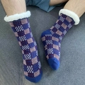 Chaussettes de sol tricotées pour hommes avec doublure polaire et motif à carreaux - Bleu à Carreaux