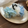 Blue and white fabric flower hair claw clip on a white ceramic plate for women - Blue Flower Shark Claw Clip