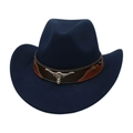 Classic dark blue wool felt cowboy hat with leather band and metal bull head emblem - Navy Blue (With Bull Head)
