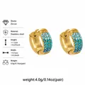 Detailed view of gold plated earrings showing 12mm inner diameter and colorful zircon inlay - Navy Zirconia (F931-7) / Small