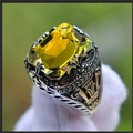 Macro shot of luxury vintage ring with large yellow square stone and engraved band - US 7 / Yellow (TJZ22032)