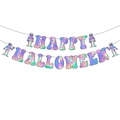 Nahaufnahme des holografischen Happy Halloween Banners mit Totenkopfmotiven auf Weiß - Holografisches Laserpapier / Happy Halloween Banner