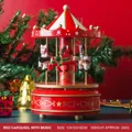 Classic red and white wooden carousel music box with golden trim and three horses - Red