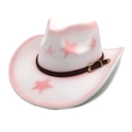 Ivory western cowboy hat with pink stars and brown braided leather strap in felt - M (56-58cm) / White