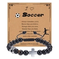 Handmade soccer bracelet with black beads, tiger eye stone and silver cross pendant - Soccer Bracelet-11-Woven (Woven Rope + Silver Soccer Bead + Cross + Tiger Eye)