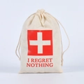 Beige cotton hangover kit drawstring bag with red I Regret Nothing print - Box Cross / 10*15cm