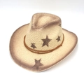 Detail of a straw cowboy hat featuring vintage star prints and double brown rope accents - One Size / Distressed Star (With Windproof Rope)