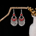 Bohemian silver drop earrings with red stone accents and metal tassels on wood branch - Silver + Red Stone Tassel (E5815)