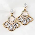 Antique gold fan-shaped drop earrings with clear rhinestones in bohemian style - Clear White