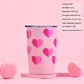 Pink 350ml insulated coffee mug with heart pattern and dimensions 9.2x13.2cm details - 12oz Integrated Cup