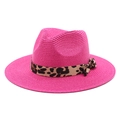 Fuchsia straw fedora hat with a trendy leopard print ribbon and bow decoration - M (56-58cm) / Rose Red